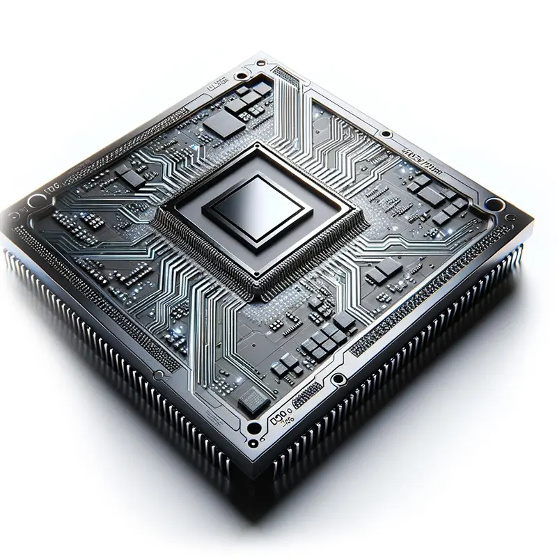 Detailed close-up graphic of an Application-Specific Integrated Circuit (ASIC), highlighting its complex structure and design.