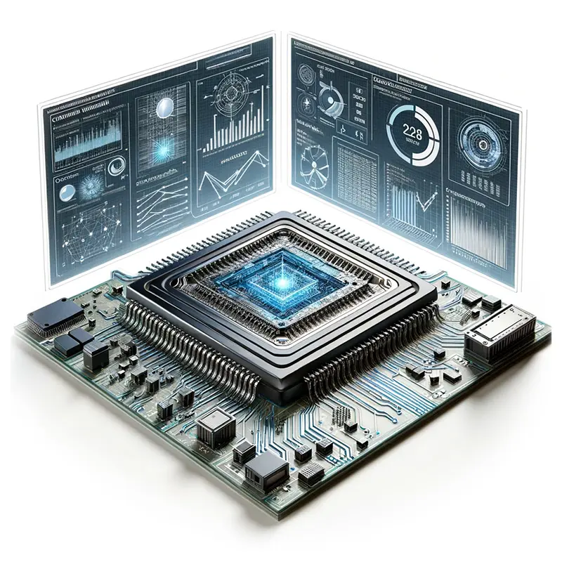 Complex graphic of an Application-Specific Integrated Circuit (ASIC), revealing its intricate structure.